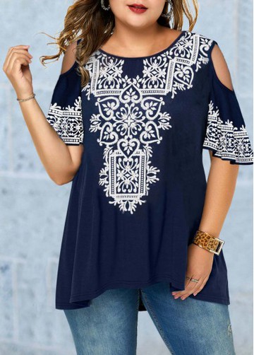 Cold Shoulder Plus Size Tribal Print Blouse