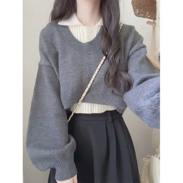 【壹號店】現貨 日系慵懶風假兩件毛衣針織衫女 新款洋氣減齡POLO領上衣 小個子甜美兩件套 韓系穿搭學院風短版上衣