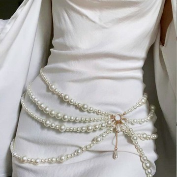 腰鍊 褲鍊 練功鍊 歐美性感飾鍊身體鍊仿珍珠鏤空多層流蘇夜店風女大小錯落串珠腰鍊『ZW6586』