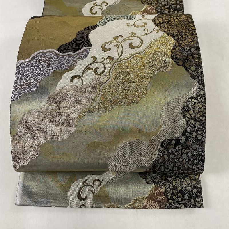 在庫一掃 袋帯 美品 秀品 道長取り 草花 金銀糸 箔 黒 六通 正絹 中古 