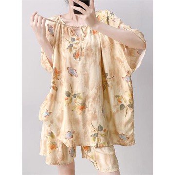 新中式國風睡衣女夏季棉綢高級感新款短袖家居服薄款人造棉兩件套