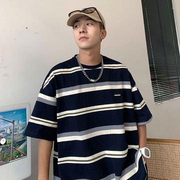 小領口 藏藍色 重磅條紋T恤男 設計感 粗細 線條 復古 文青 穿搭 休閒 短T 春夏 百搭小衆日系大碼短袖美式半袖男夏