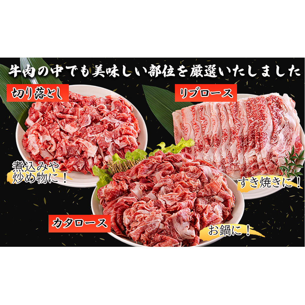  宮崎県産 黒毛和牛 スライス セット 切り落とし モモ リブロース 肩ロース カタ 1.5kg 500g ×3 小分け 合計4.5kg 冷凍 送料無料 切落し 国産 牛 経産牛 すき