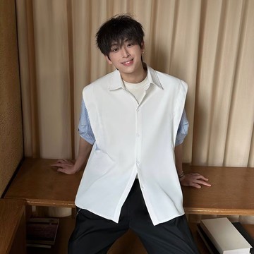 假兩件短袖襯衫男 夏季美式拼接條紋cleanfit翻領短袖外套