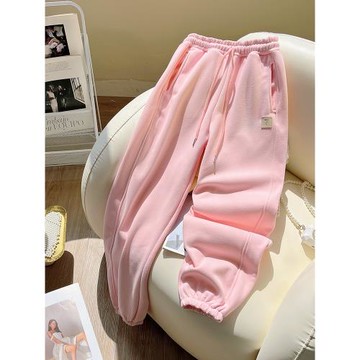 粉色運動褲女秋冬2025新款小個子九分哈倫休閑寬松加絨加厚束腳褲