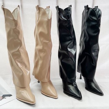 歐美尖頭長筒騎士靴女2025秋季細跟高跟褲管靴褶皺顯瘦高筒靴長靴