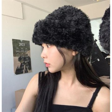 Unique SEI 韓國復古黑白色毛絨編織針織帽保暖仿皮草毛毛帽子