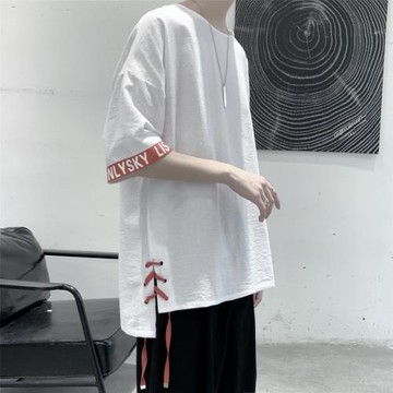 短袖t恤男設計感系帶插肩上衣夏季潮流寬松五分袖汗衫半袖體恤薄