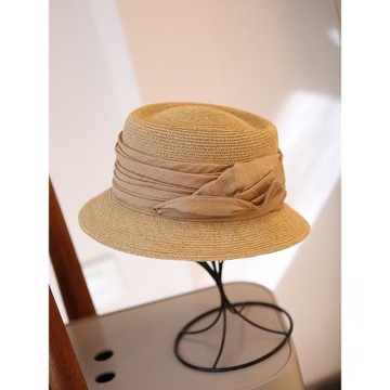 蒹葭 新品 2025春夏遮陽草帽漁夫帽女亞麻褶皺蝴蝶結防曬帽復古帽