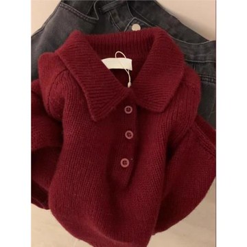 新年圣誕紅色針織衫毛衣外套秋冬軟糯慵懶韓系穿搭polo衫翻領上衣