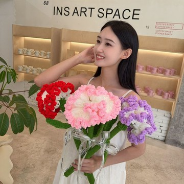 特價💡單支毛綫花康乃馨手工編織花 成品永生花鈎織花情人節花束diy手作材料  編織材料包  手作diy 2NEI