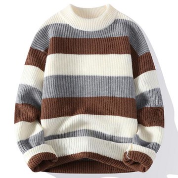 毛衣男士條紋秋冬季寬松加厚保暖上衣服潮牌男裝半高領打底針織衫