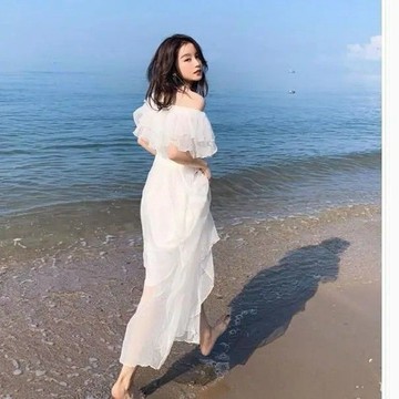 爆款直降價 度假裙 連衣裙 長裙 女生裙子 度假沙灘裙4種穿法2層夏季雪紡長款連衣裙一字肩露肩白色長裙拍照