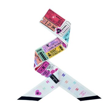 CHANEL 香奈兒 車票印花雙面Twilly真絲絲巾/髮帶(奶白色)