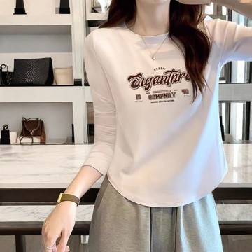 衣時尚 上衣 長袖T卹 印花上衣 內搭衫 M-2XL新款不規則設計白色長袖上衣女打底洋氣修身顯瘦T卹-6212.