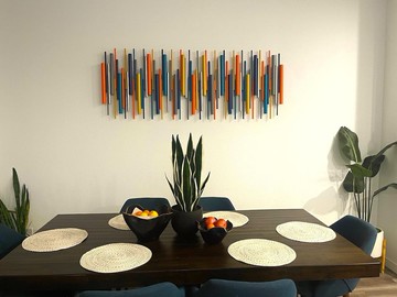 手工木質3D壁掛雕塑 橙色 綠松石色 黃色 搭配鍍鉻點綴