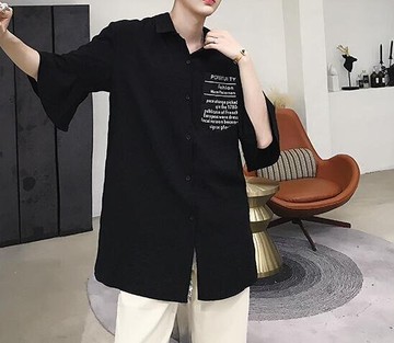 FINDSENSE 品牌 2019 春季 新款字母  寬鬆 暗黑 印花 潮流  個性 社會 男青年  短袖  免燙 襯衫