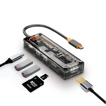 GKI 一插變工作站｜透明外殼USB-C 6合1擴充器｜PD100W＋4K輸出＋讀卡槽