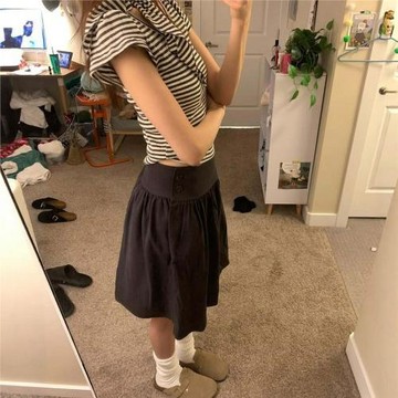 韓系復古黑色花苞褶皺蓬蓬中長顯瘦百搭休閑半身裙女