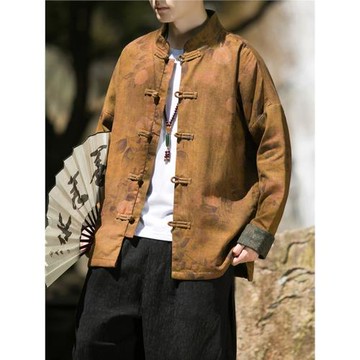 秋裝中國風男棉麻唐裝新中式復古漢服夾克男民族風印花外套中山裝