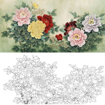 工筆劃牡丹白描底稿國畫花鳥臨摹練習實物列印稿宣紙可上色
