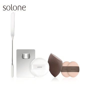 【新品】Solone 完妝神隊友(可可美妝蛋+手指撲/小雞蛋+雙頭抹刀+調色盤+雙面粉撲(日本立絨/植絨))