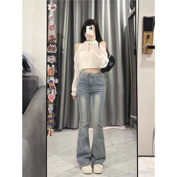 大碼胖mm美式復古高腰微喇叭牛仔褲女春季設計感直筒闊腿拖地褲子