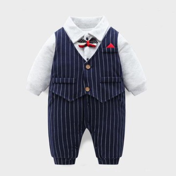 男寶寶紳士西裝連體衣夾棉嬰兒滿月百天一周歲禮服爬爬服春秋冬款