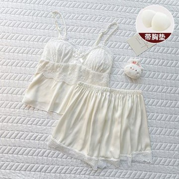 吊帶睡衣女夏季薄款冰絲綢2025新款夏天帶胸墊性感奶油杏色兩件套