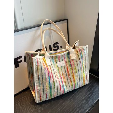 韓版時尚休閑手提大容量包包女新款彩色條紋托特包2025夏季腋下包