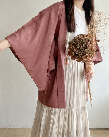 日本製古著羽織和服外套藕粉和風織紋印花