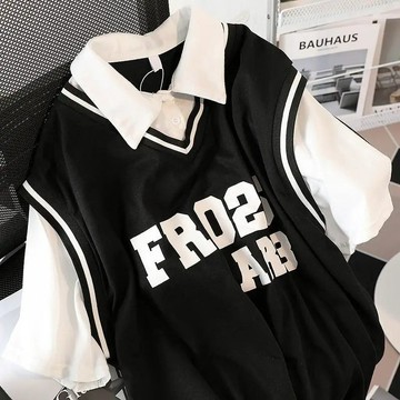 男女同款假兩件POLO衫 夏季大碼短袖 學院風設計感上衣 籃球風休閒穿搭