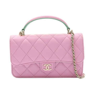 CHANEL 香奈兒 Top Handle WOC 肩背包 粉/綠色 羊皮 金釦 AP3226 【二手名牌BRAND OFF】
