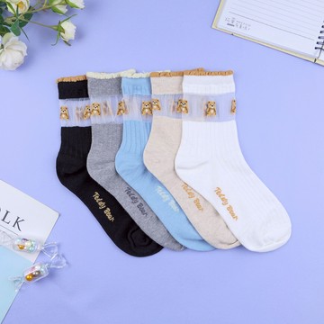 韓國花邊襪口透膚小熊中筒襪-多色任選