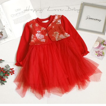 厚款 新年中式金繡花假兩件厚磅不倒絨洋裝 秋冬童裝 女童上衣 女童長袖 女童洋裝 長袖洋裝 刷毛