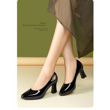 2025春秋新款單鞋女高跟圓頭皮鞋優雅細跟亮皮真皮防水臺粗跟鞋子