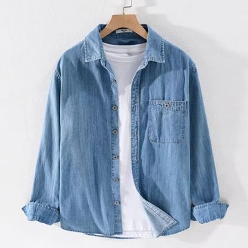 2025春夏季長袖男裝純棉牛仔襯衫帥氣簡約百搭時尚薄款潮流襯衣男鑫弘-錦衣華服