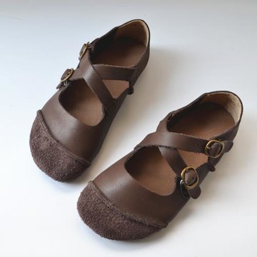 交叉扣帶真皮單鞋復古文藝軟底鞋森系學院風女鞋外貿原單國風丑萌