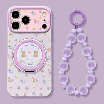 碎花小熊適用蘋果17promax手機殼15支架手鍊iphone16硅膠14少女心