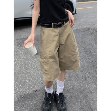 美式復古卡其色工裝短褲女夏季百搭寬松中褲直筒五分褲休閑七分褲