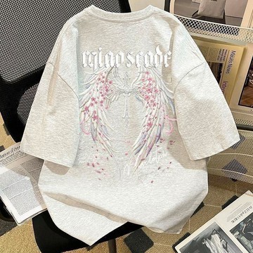 7751 人反覆選購🤎夏季高街設計感仿刺繡翅膀花卉字母印花短袖t恤男女百搭寬鬆上衣46Z3