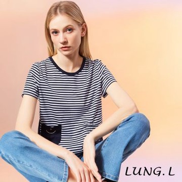 LUNG.L林佳樺  藍白條紋下擺拼接短袖棉質女裝上衣 U084A