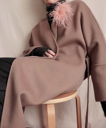 藕灰棕手縫極簡雙層喀什米爾羊毛綁帶大衣 多色訂做