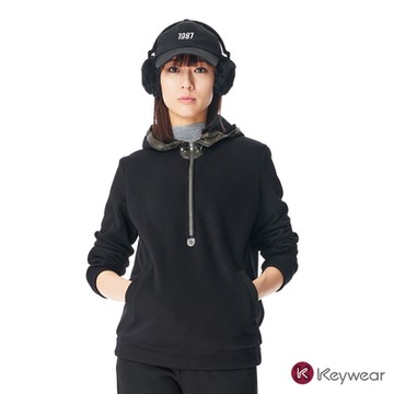 KeyWear奇威名品 異材質拼接仿皮連帽上衣-黑色