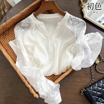 初色 V領燒花工藝印花真絲長袖襯衫上衣-共2色-69104(M-2XL可選)