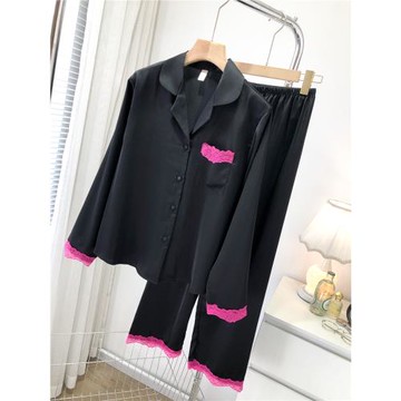 網紅小香風真絲睡衣女士2024年春夏新款蕾絲花邊撞色家居服兩件套