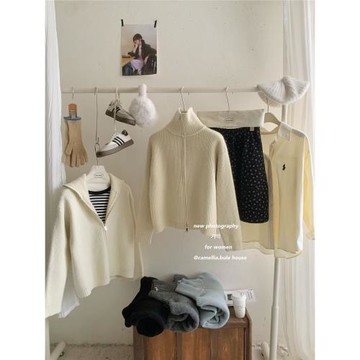 baby奶藍色美式立領雙拉鏈毛衣開衫女冬復古軟糯加厚洋氣針織外套