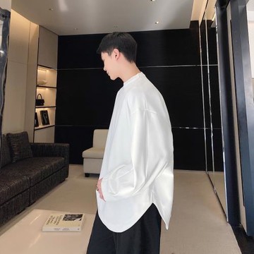 冷淡風純色套頭襯衫男長袖寬松上衣韓版圓弧下擺設計感禁欲系男裝