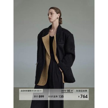 UNSPOKEN黑色加厚毛呢西裝外套女冬季保暖防風高級感寬松呢子大衣