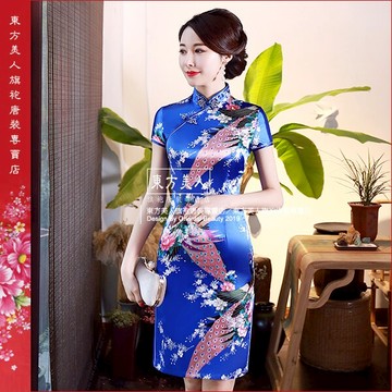 【台灣出貨】 復古風 仿絲薄款印花短袖 改良式短旗袍 S-6XL 加大尺碼旗袍。 美麗孔雀( 寶藍色) ?東方美人?